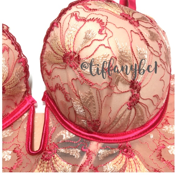 Pink Two Toned Long Line Floral Lace Push Up Bra - Picture 3 of 9